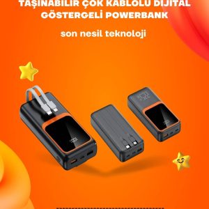 Powerbank 20000 mAh | 22.5W Hızlı Şarj Dahili Kablolu LCD Ekranlı Şarj Cihazı