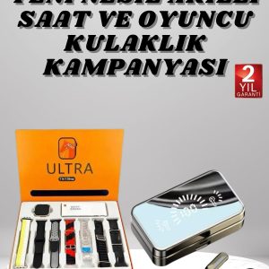 Aynalı Bluetooth Kulaklık ve 7 Kordonlu Akıllı Saat Dijital Göstergeli Uzun Pil Ömrü