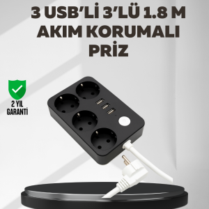 4.1A Hızlı Şarjlı Akım Korumalı 4 Priz ve 3 USB Çıkışlı Priz