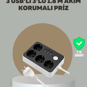 4 Prizli 3 USB Portlu Anahtarlı Akım Korumalı Priz