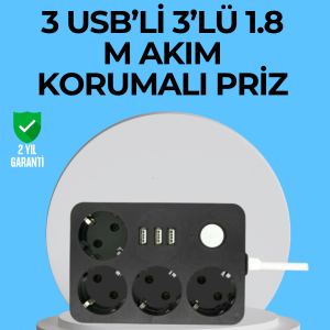 3 USB Çıkışlı 4’lü Akıllı Priz 2500W 2 Metre Kablo