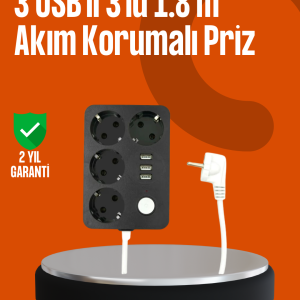 Akım Korumalı 3 USB Portlu 4’lü Priz 4.1A Hızlı Şarj