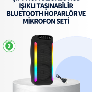 RGB Işıklı Çift Hoparlörlü Taşınabilir Bluetooth Speaker ve Mikrofon