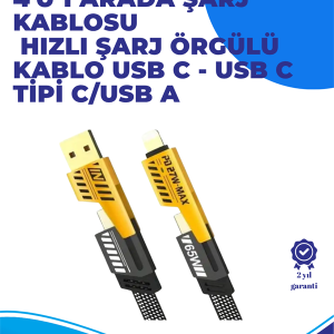 65W 4'ü 1 Arada Çoklu Şarj Kablosu – USB-C USB-A Lightning Veri ve Şarj Desteği