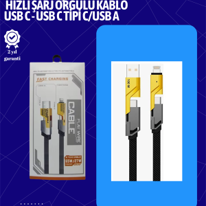 USB-C ve Lightning Uyumlu 4'ü 1 Arada Kablo – 65W Hızlı Şarj Örgülü Dayanıklı Yapı