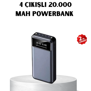 Powerbank 20000 mAh Hızlı Şarjlı LED Fenerli ve 4 Portlu