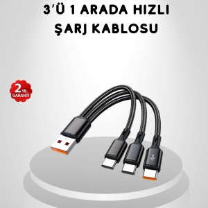 3’ü 1 Arada Hızlı Şarj Kablosu iOS Android Type-C Uyumlu ve Dayanıklı