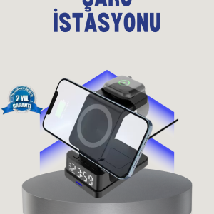 Kablosuz Şarj Cihazı ve Dijital Saat – 4’ü 1 Arada Hızlı Şarj Apple Uyumlu LED Işıklı Tasarım
