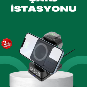 Dijital Saatli Kablosuz Şarj İstasyonu – 3’ü 1 Arada Apple Uyumlu Hızlı Şarj ve LED Ekran