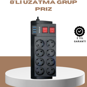 Güçlü Termal Korumalı 8 Priz + 3 USB Çoklu Uzatma Kablosu 2m