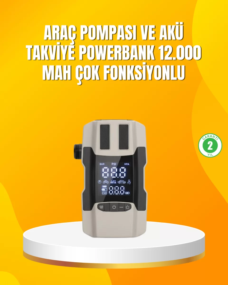 12.000 mAh Akü Takviye Powerbank Dahili Hava Dijital Ekranlı