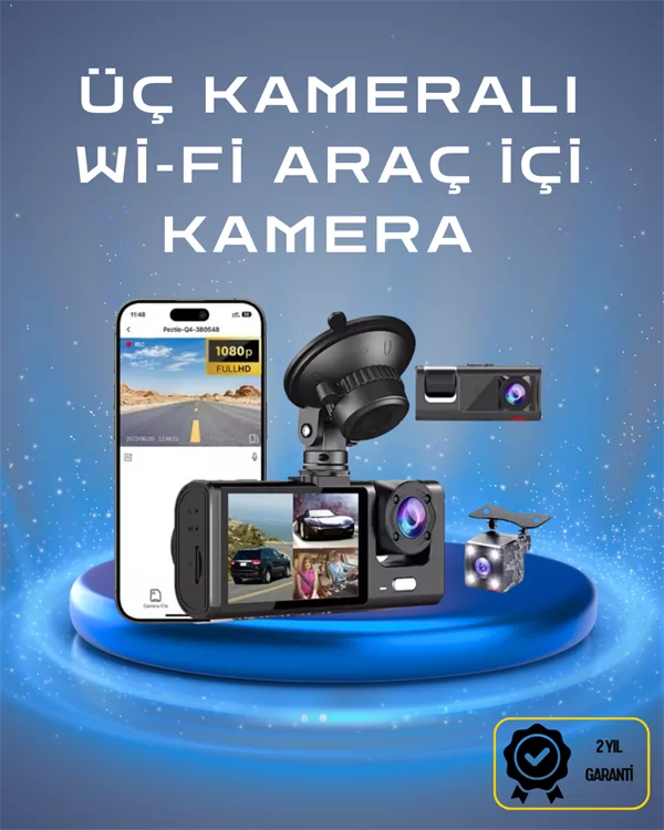 Üç Kameralı 1080p Full HD Araç İçi Kamera – G-Sensörlü ve Gece Görüşlü