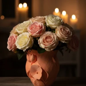 3D Kabartmalı Çiçek Motifli Turuncu Dekoratif Vazo