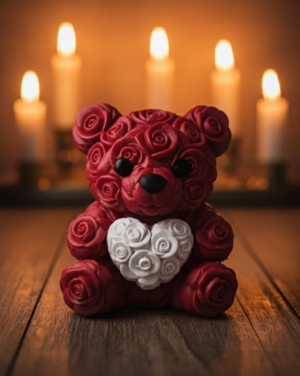 3D Kalp Ayıcık 10 cm Gül Detaylı Dekoratif Hediye Obje