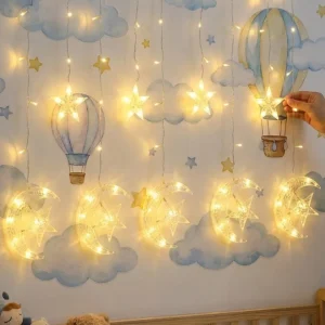 Dekoratif Ay Yıldız Perde Işığı Sıcak Beyaz Festival ve Ev Süsleme