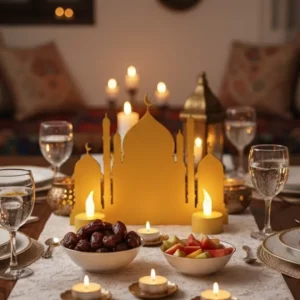 3D İki Mumlu Cami Dekor 2 Pilli LED Mum Hediyeli Masa Üstü Süs