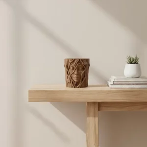 3D Doğal Ahşap Görünümlü Yüz Detaylı Dekoratif Vazo Sanat Tasarım