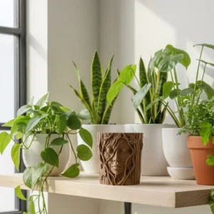 3D Ağaç Gövdesi Formlu Yüz Figürlü Dekoratif Saksı Sanatsal Tasarım Vazo