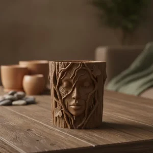 Doğa Temalı Yüz Detaylı Dekoratif Vazo 3D Ağaç Desenli Şık Saksı