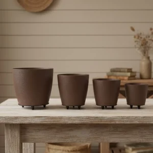 4’lü 3D Şık Kahverengi Vazo Seti Modern Ayaklı Saksı