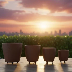 4’lü 3D Kahverengi Ayaklı Dekoratif Saksı Takımı Modern Tasarım