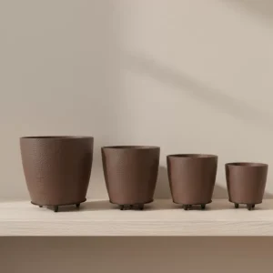 4’lü 3D Kahverengi Dekoratif Vazo Seti Modern Ayaklı Şık Saksı Takımı