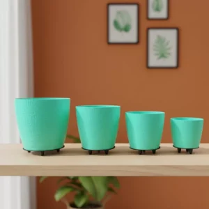 4’lü 3D Yeşil Dekoratif Vazo Seti Modern Ayaklı Şık Saksı Takımı