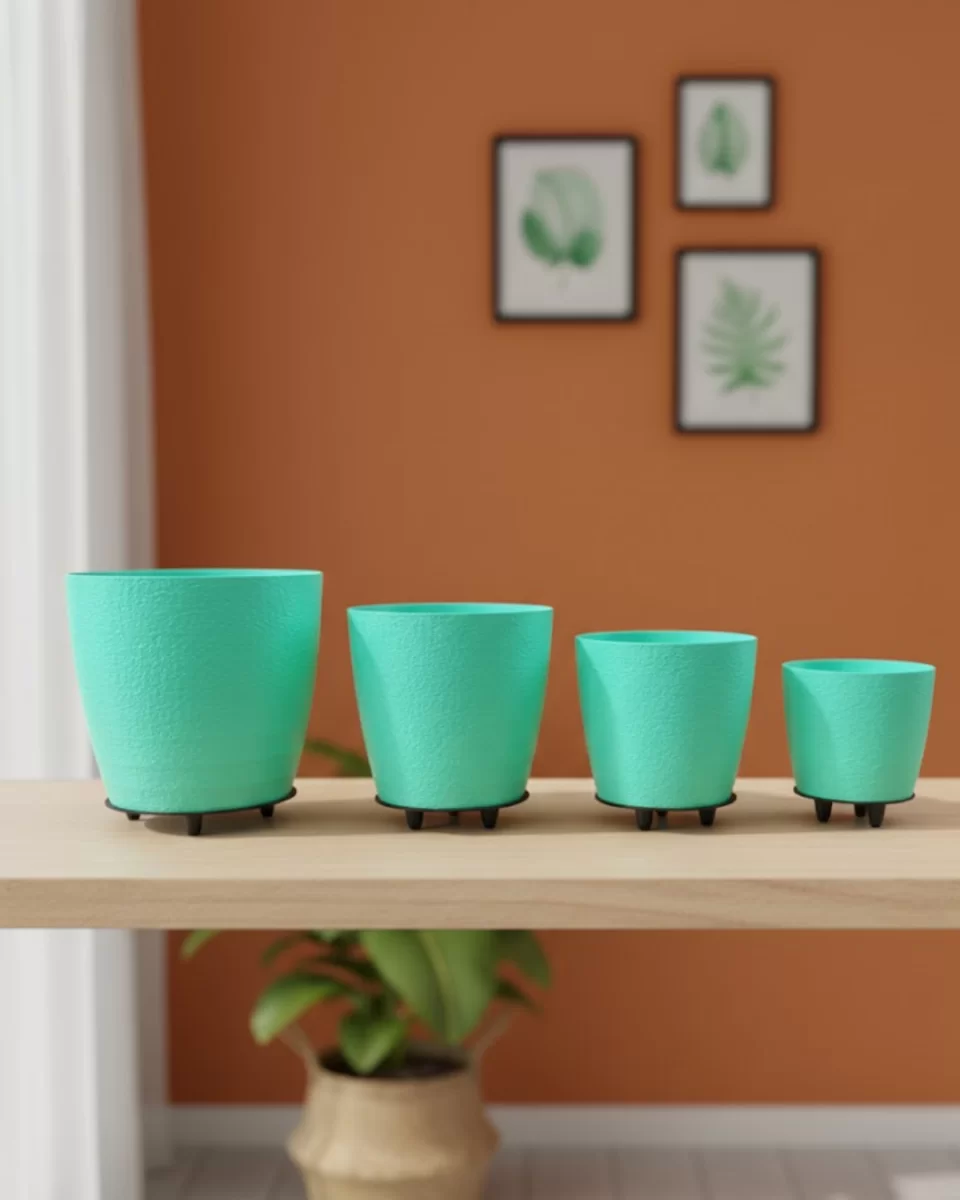 4’lü 3D Yeşil Dekoratif Vazo Seti Modern Ayaklı Şık Saksı Takımı