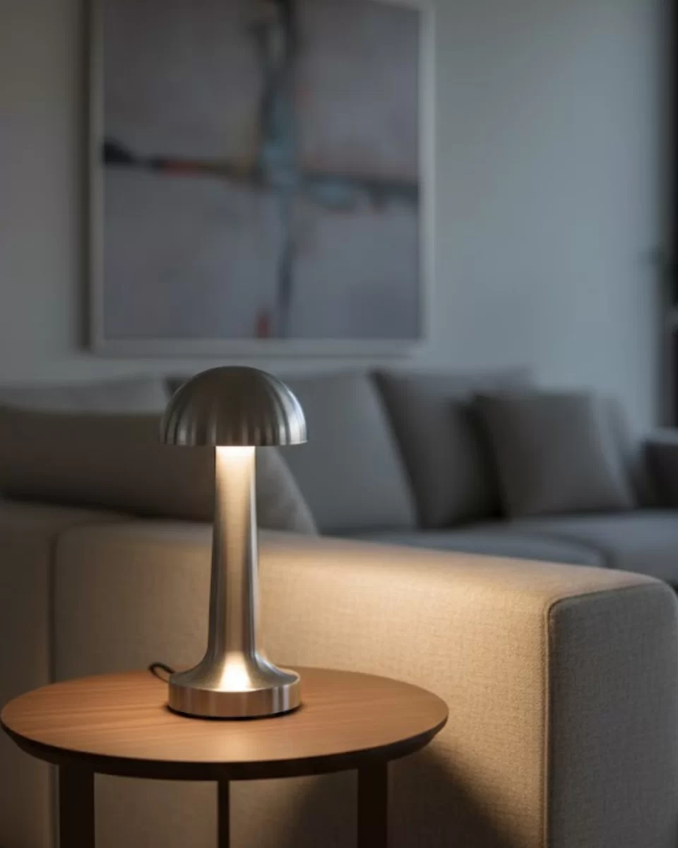 Dokunmatik Mantar Masa Lambası 3 Modlu Işık Şarjlı Kablosuz LED Krom Gövde