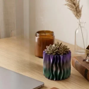 Modern Dalgalı Yüzey Tasarımlı Mor 3D Dekoratif Saksı Vazo