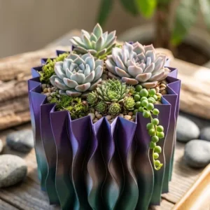 Estetik Dalga Formlu Mor 3D Baskı Dekoratif Vazo Modern Ev Aksesuarı