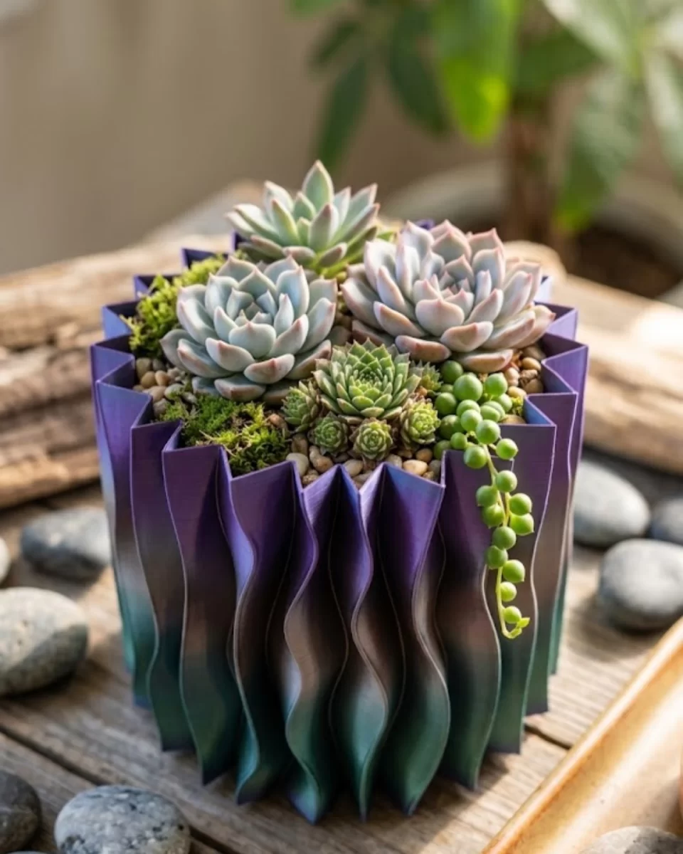 Estetik Dalga Formlu Mor 3D Baskı Dekoratif Vazo Modern Ev Aksesuarı