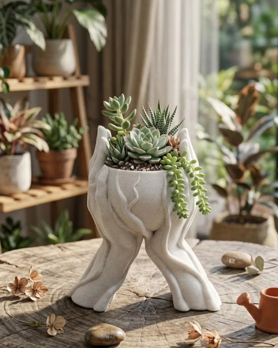 Sanatsal El Figürlü 3D Baskı Dekoratif Saksı Vazo Ev Ofis Dekoru