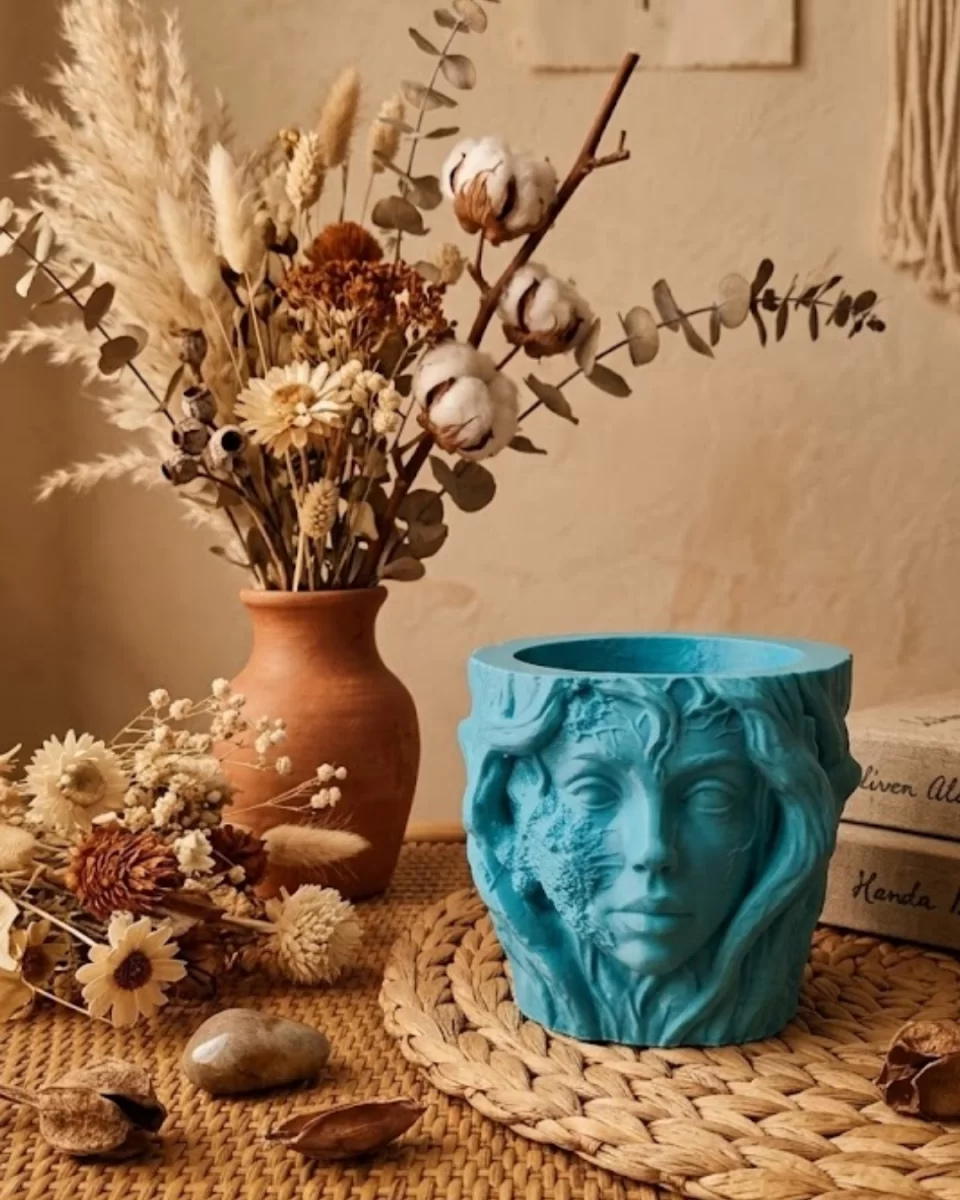 Estetik Kadın Yüzü Heykel Tasarımlı Dekoratif 3D Saksı Vazo