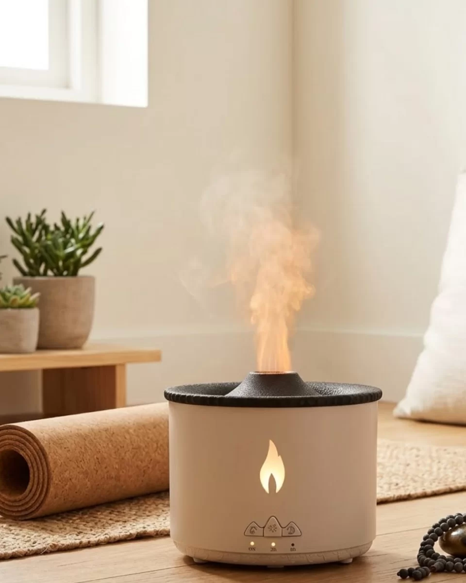 Aromaterapi Difüzörü Alev Efektli LED Işıklı Sessiz Hava Nemlendirici Otomatik Kapanma