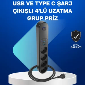 Akıllı Akım Dengelemeli 4’lü Çoklu Priz Type-C ve USB Çıkışlı