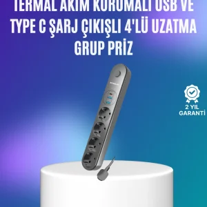 4’lü Çoklu Priz 2 USB Type-C Girişli Akım Korumalı Siyah
