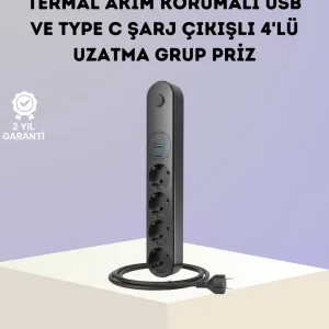 Akım Korumalı Çoklu Priz 4’lü 2 USB 1 Type-C 2500W Güçlü Tasarım