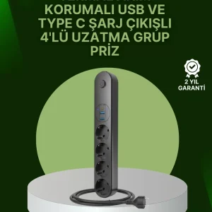 4 Priz 2 USB 1 Type-C Akım Korumalı Çoklu Priz Led Anahtarlı