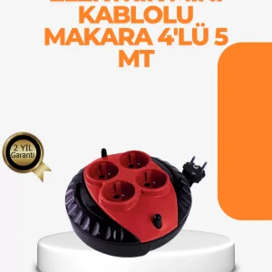 Kırmızı Renk 5 Metre 4’lü Kablolu Priz Makarası