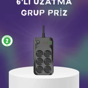6 Prizli Çoklu Uzatma Kablosu USB Type-C Hızlı Şarj Termal Koruma