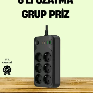 2500W Güçlü 6’lı Priz USB ve Type-C Çıkışlı Termal Korumalı