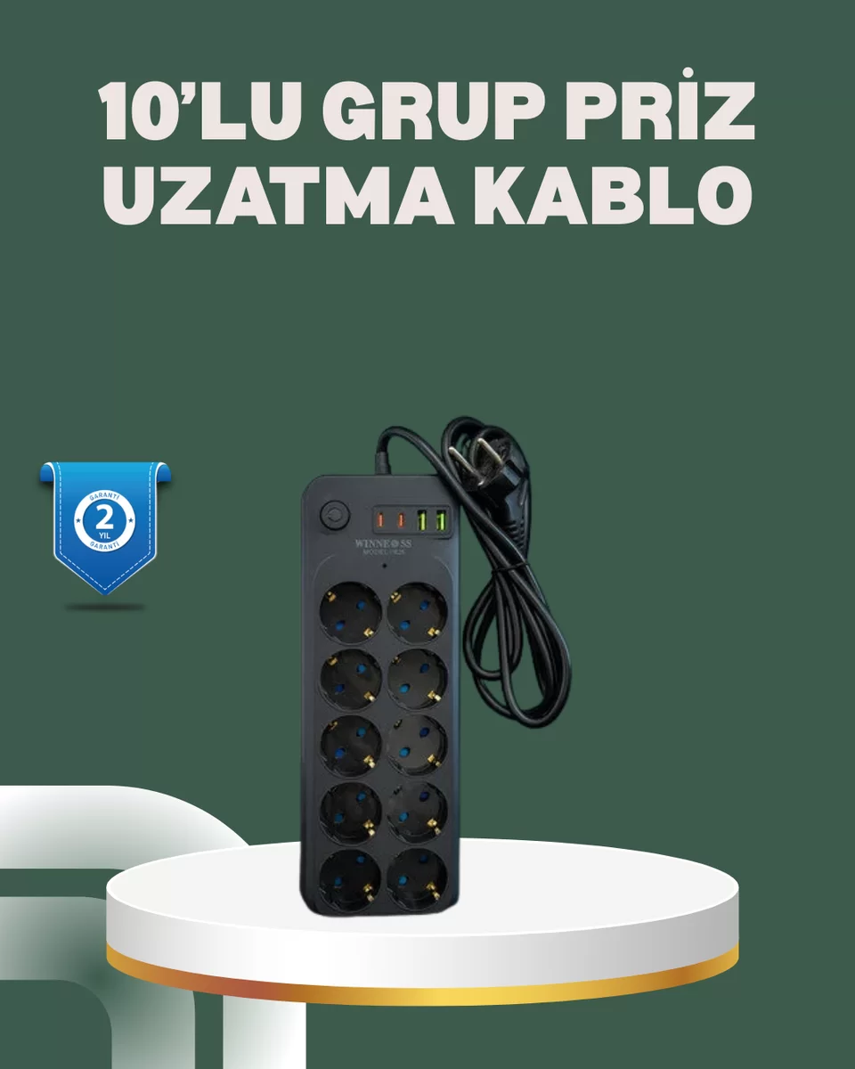 Termal Koruma Sistemli USB Type-C 10’lu Grup Priz 2m 2500W Güç Kapasiteli