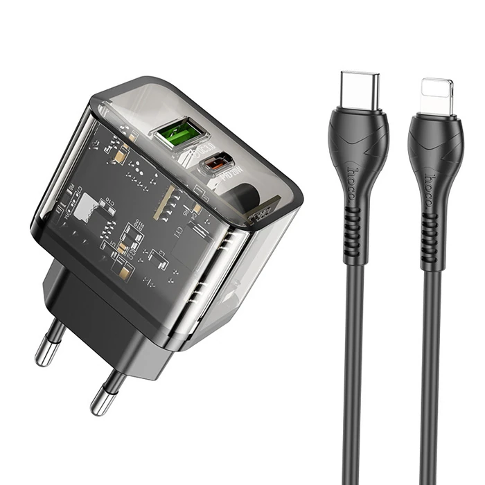 HOCO N34 PD20W USB+Type-C + iPhone Lightning Kablo Hızlı Şarj Adaptör Seti-(5775)