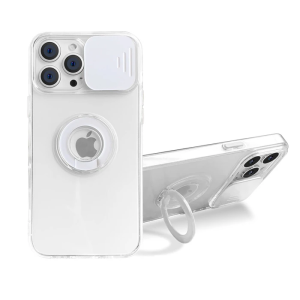 Ally iPhone 13 Pro 6.1 inç Kılıf Sürgülü Kamera Lens Korumalı Yüzük Standlı Silikon Kılıf-(5775)