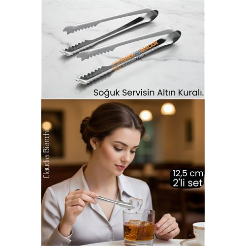 Profesyonel Bar Serisi 2'li Paslanmaz Çelik Buz Maşası Seti | Kokteyl & Sunum İçin Kaydırmaz Kavrama