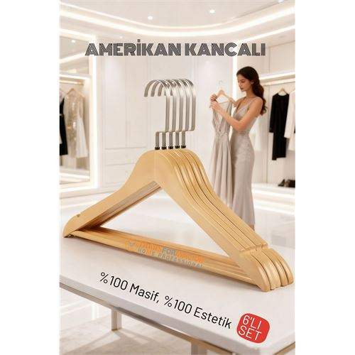LasVegas Ahşap Elbise Askısı - 6'lı Set Lüks Amerikan Kancalı Gardırop Düzenleyici