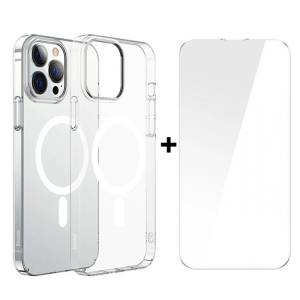 Baseus Crystal iPhone 13 Pro Max 6.7 Magsafe Silikon Kılıf + Tempered Ekran Koruyucu Set-(5775)