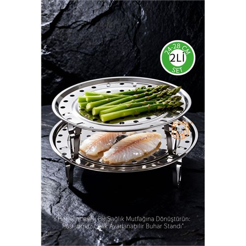 2'li Set Inox Çelik Ayaklı Buharlı Pişirme Aparatı - 24+28 cm Çok Amaçlı Tencere İçi Haşlama Standı