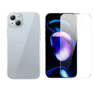 Baseus iPhone 15 Plus Schott Serisi Şeffaf Silikon Kılıf + Tempered Ekran Koruyucu Set-(5775)